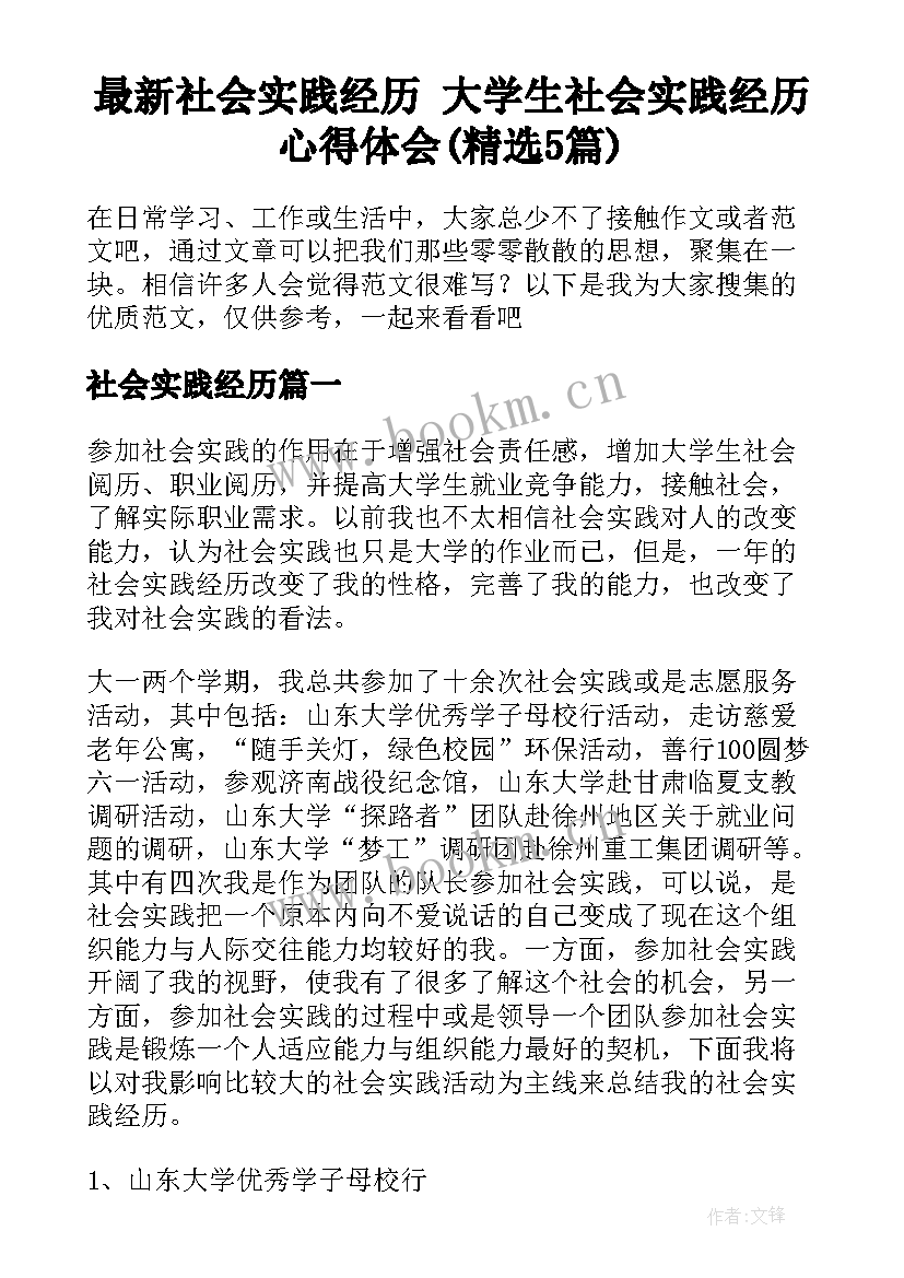 最新社会实践经历 大学生社会实践经历心得体会(精选5篇)