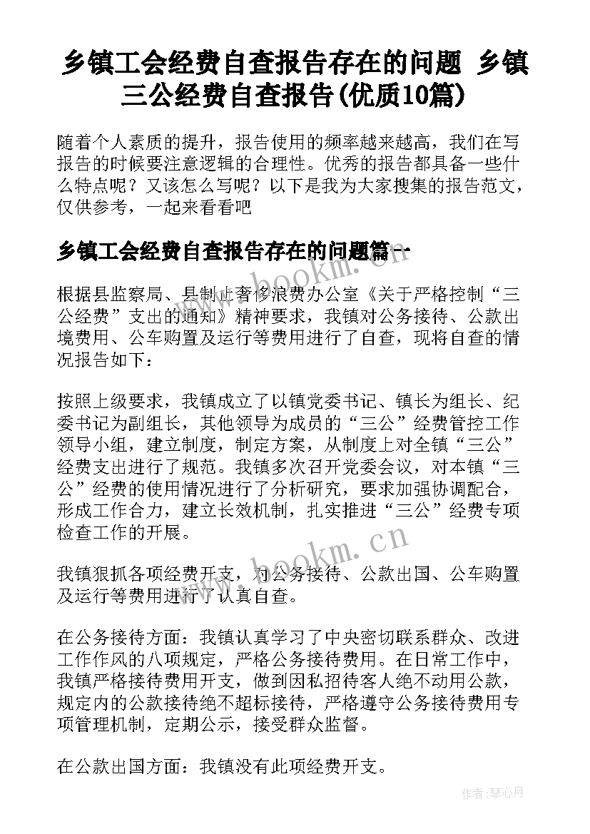 乡镇工会经费自查报告存在的问题 乡镇三公经费自查报告(优质10篇)