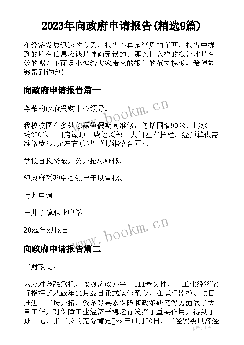 2023年向政府申请报告(精选9篇)