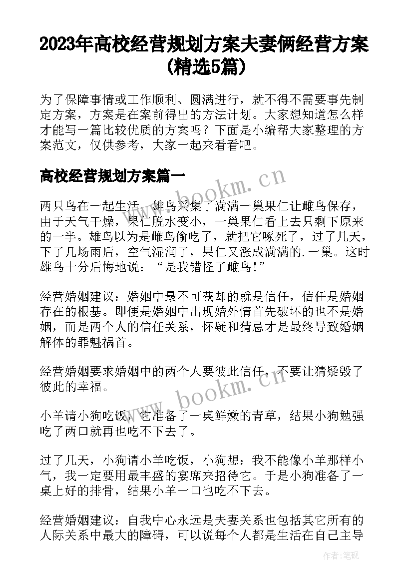 2023年高校经营规划方案 夫妻俩经营方案(精选5篇)