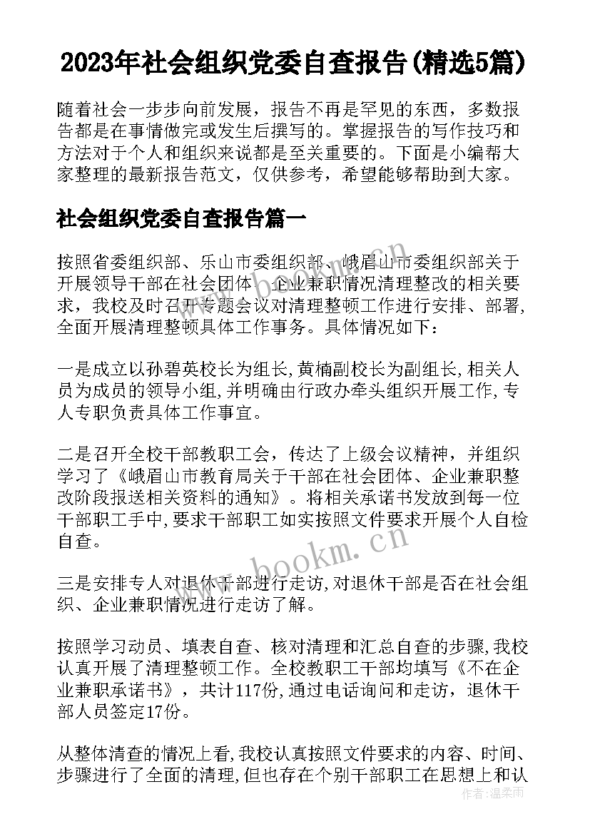 2023年社会组织党委自查报告(精选5篇)