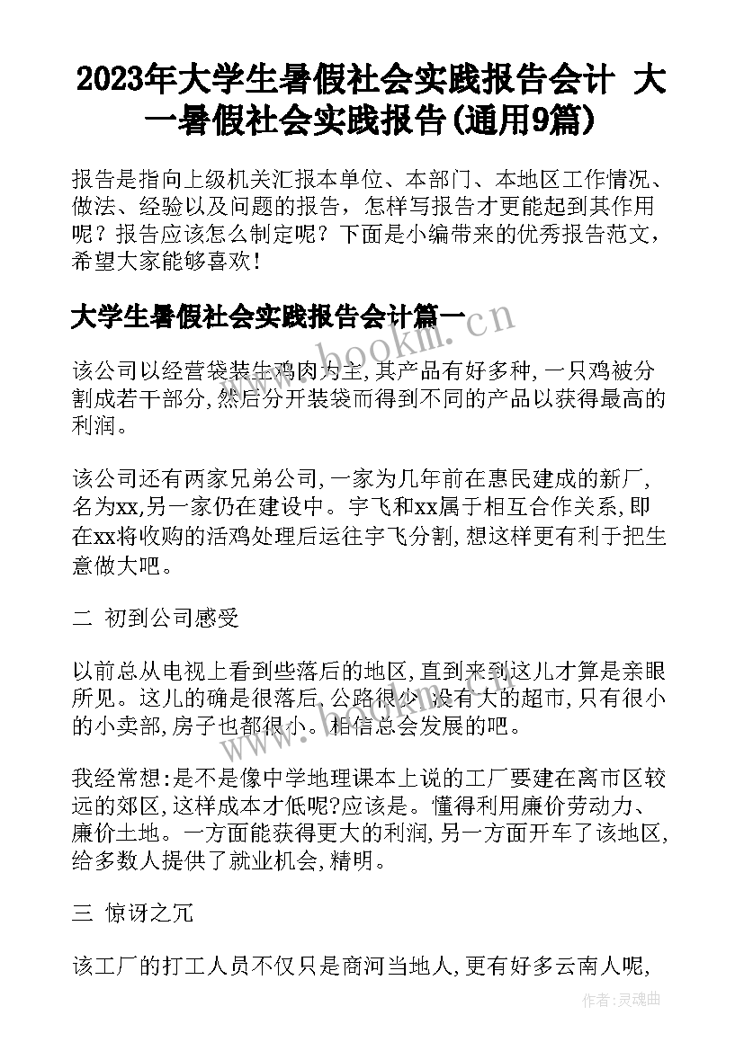 2023年大学生暑假社会实践报告会计 大一暑假社会实践报告(通用9篇)