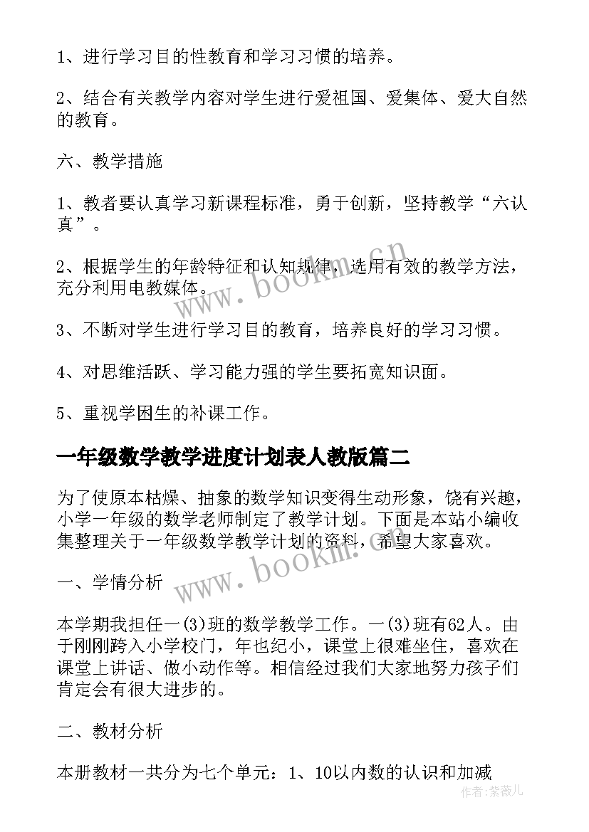 2023年一年级数学教学进度计划表人教版 一年级数学教学计划表(通用5篇)