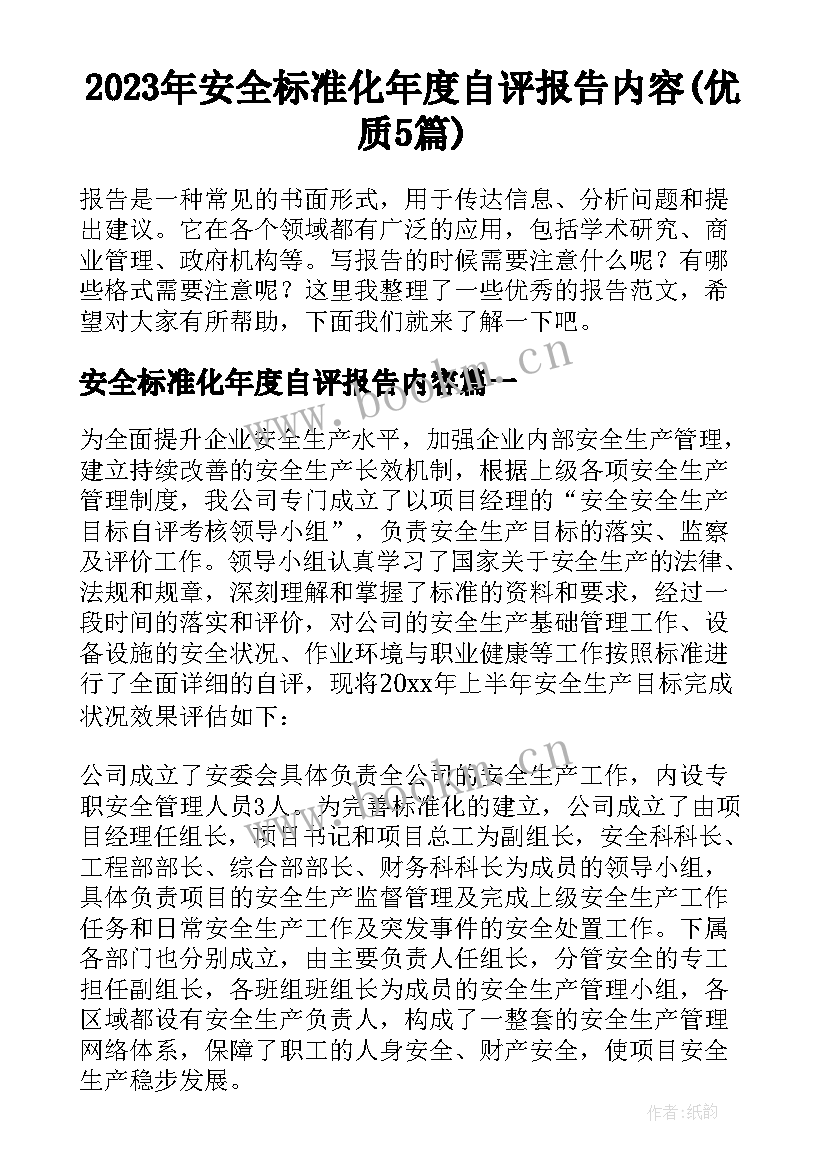 2023年安全标准化年度自评报告内容(优质5篇)