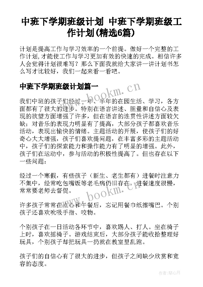 中班下学期班级计划 中班下学期班级工作计划(精选6篇)