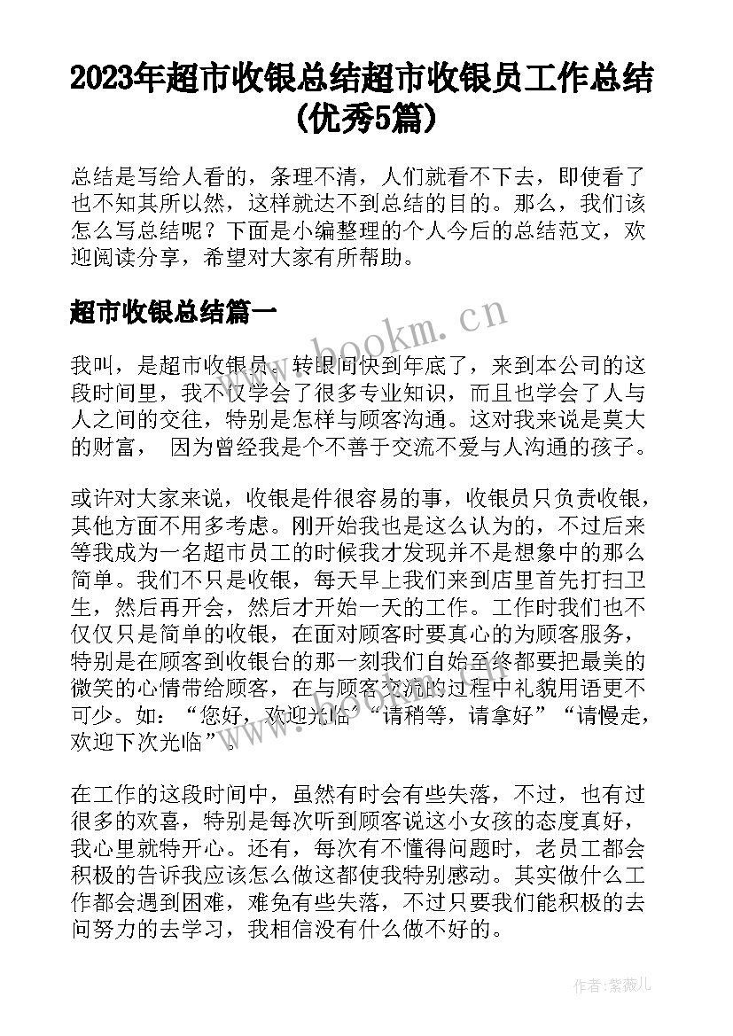 2023年超市收银总结 超市收银员工作总结(优秀5篇)