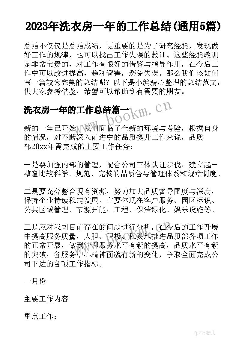 2023年洗衣房一年的工作总结(通用5篇)