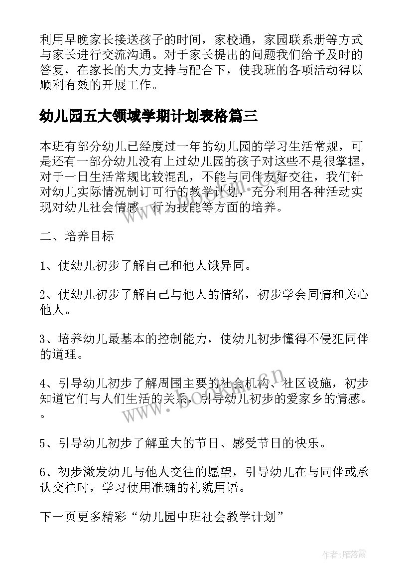 2023年幼儿园五大领域学期计划表格 大班下学期教学计划五大领域(通用5篇)