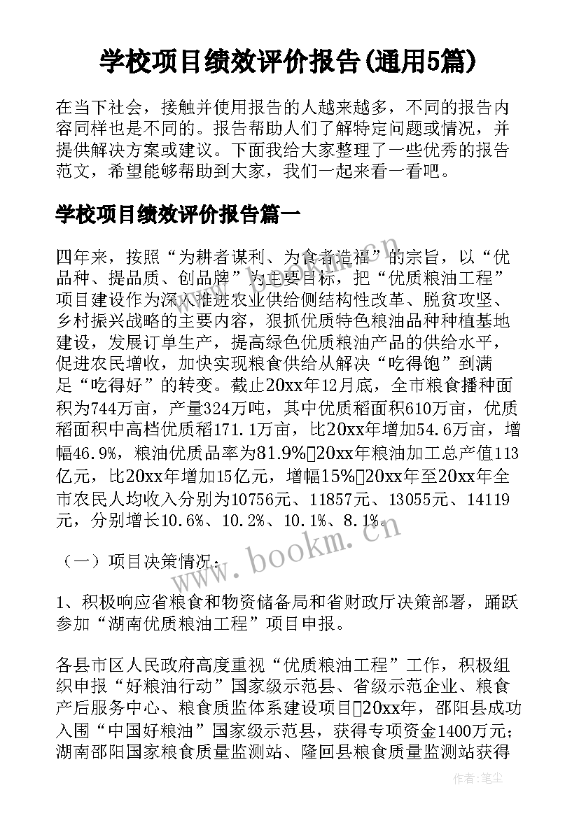 学校项目绩效评价报告(通用5篇)