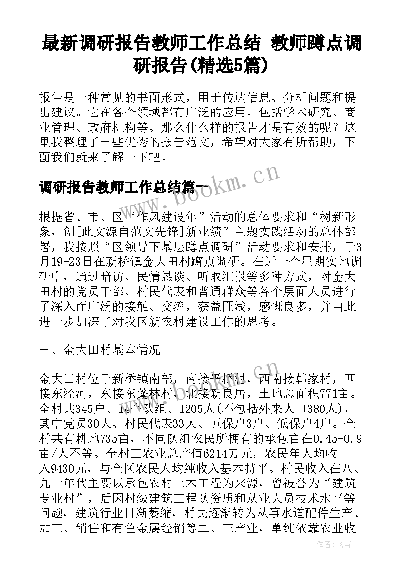 最新调研报告教师工作总结 教师蹲点调研报告(精选5篇)