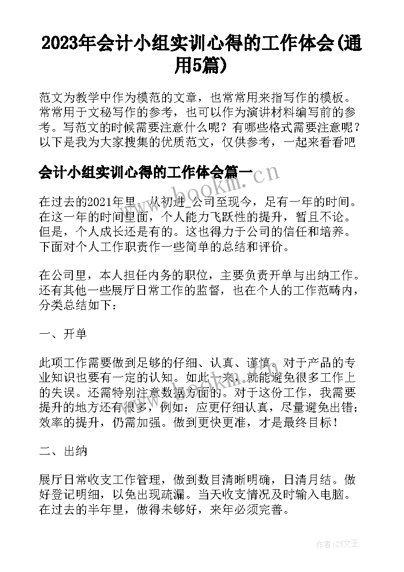 2023年会计小组实训心得的工作体会(通用5篇)