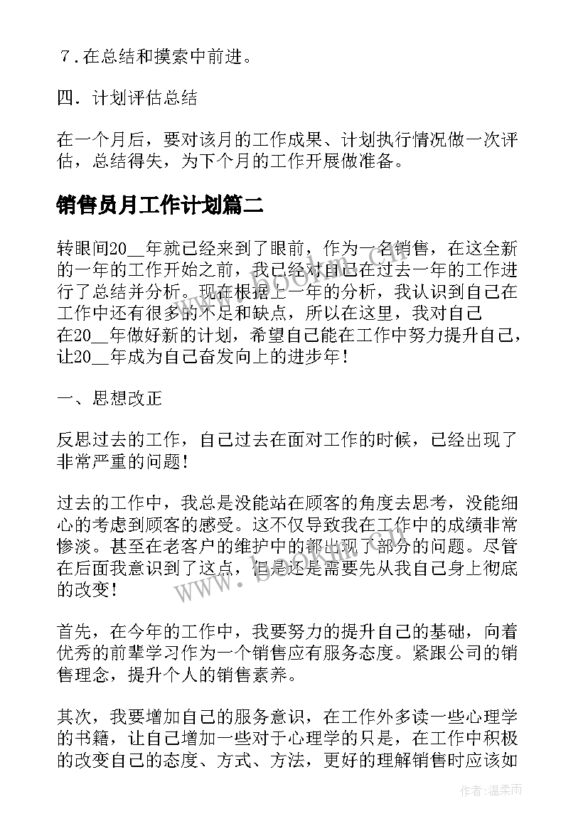 最新销售员月工作计划(模板7篇)