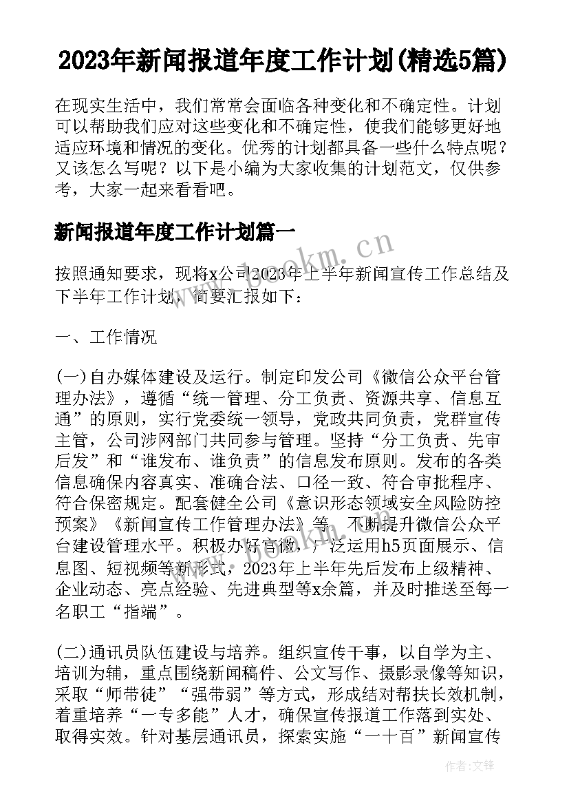 2023年新闻报道年度工作计划(精选5篇)