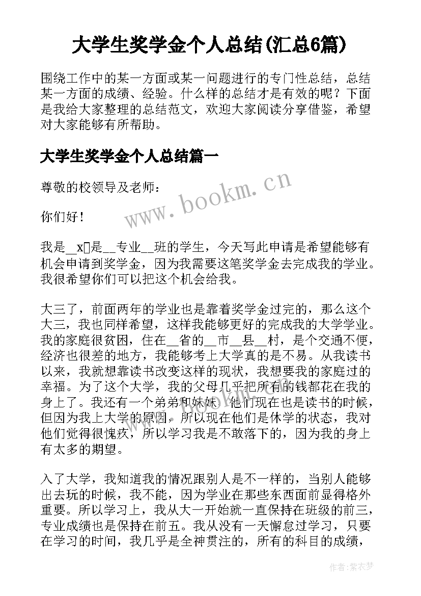 大学生奖学金个人总结(汇总6篇)