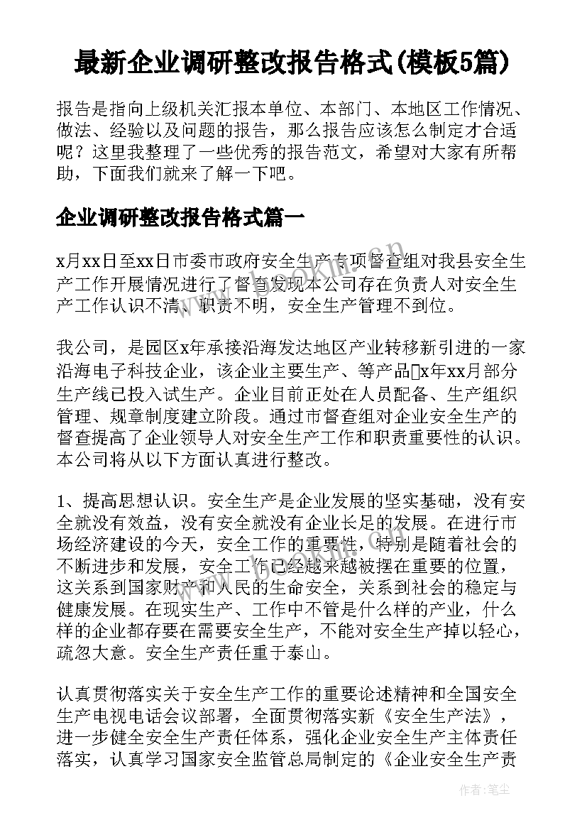 最新企业调研整改报告格式(模板5篇)