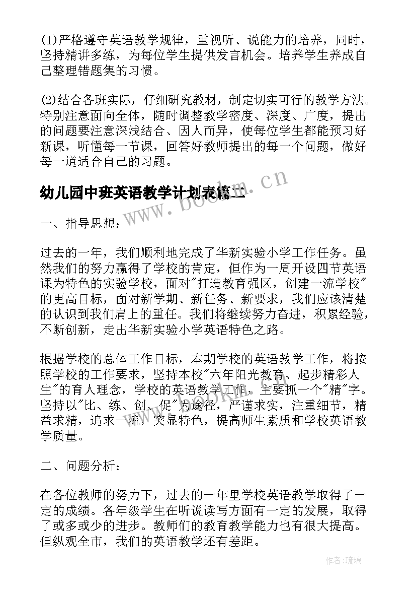 最新幼儿园中班英语教学计划表 小学英语学期工作计划(实用9篇)