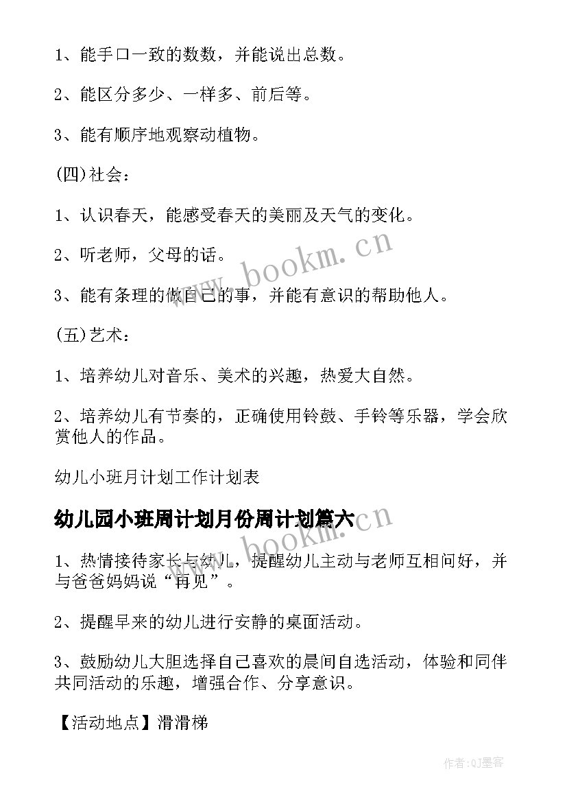 幼儿园小班周计划月份周计划 小班工作计划表幼儿园(优质6篇)