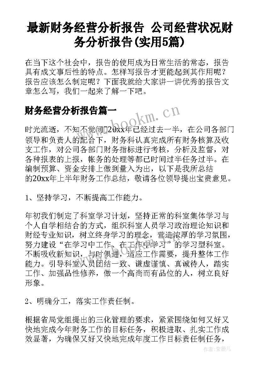 最新财务经营分析报告 公司经营状况财务分析报告(实用5篇)