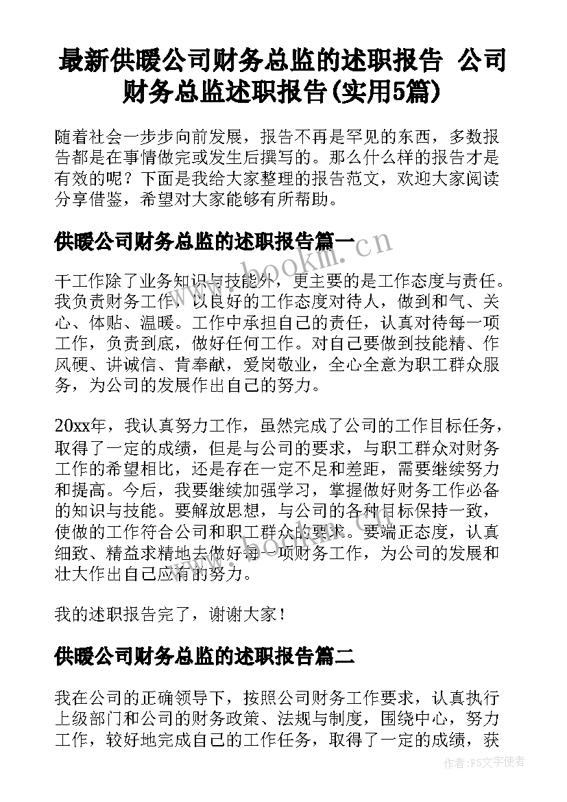 最新供暖公司财务总监的述职报告 公司财务总监述职报告(实用5篇)