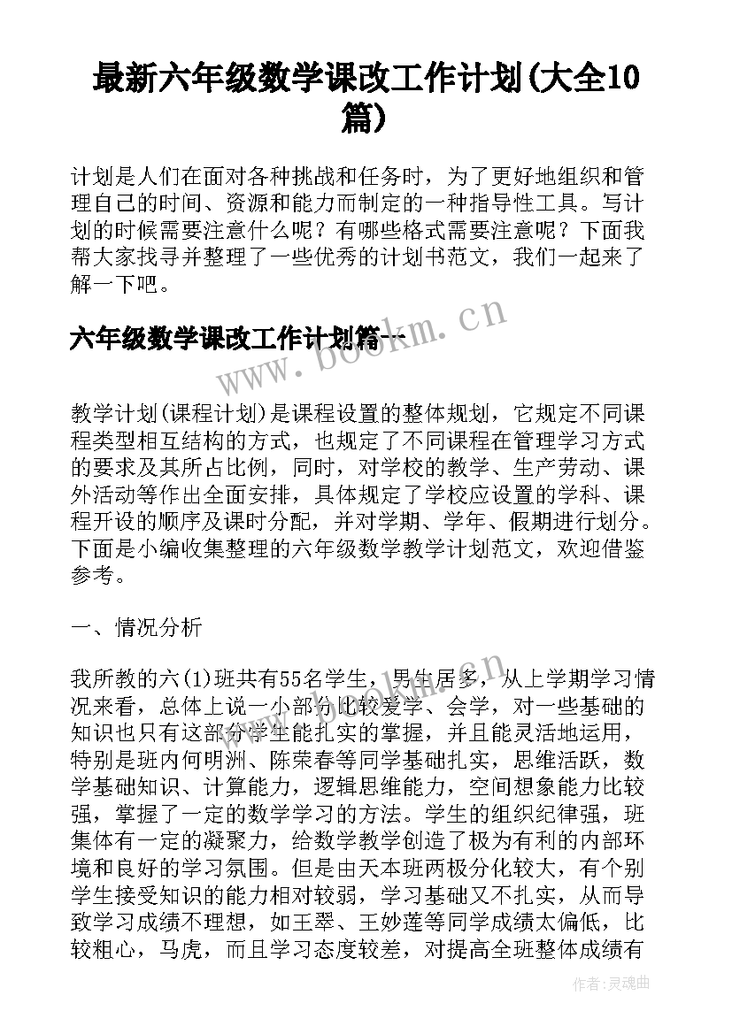 最新六年级数学课改工作计划(大全10篇)