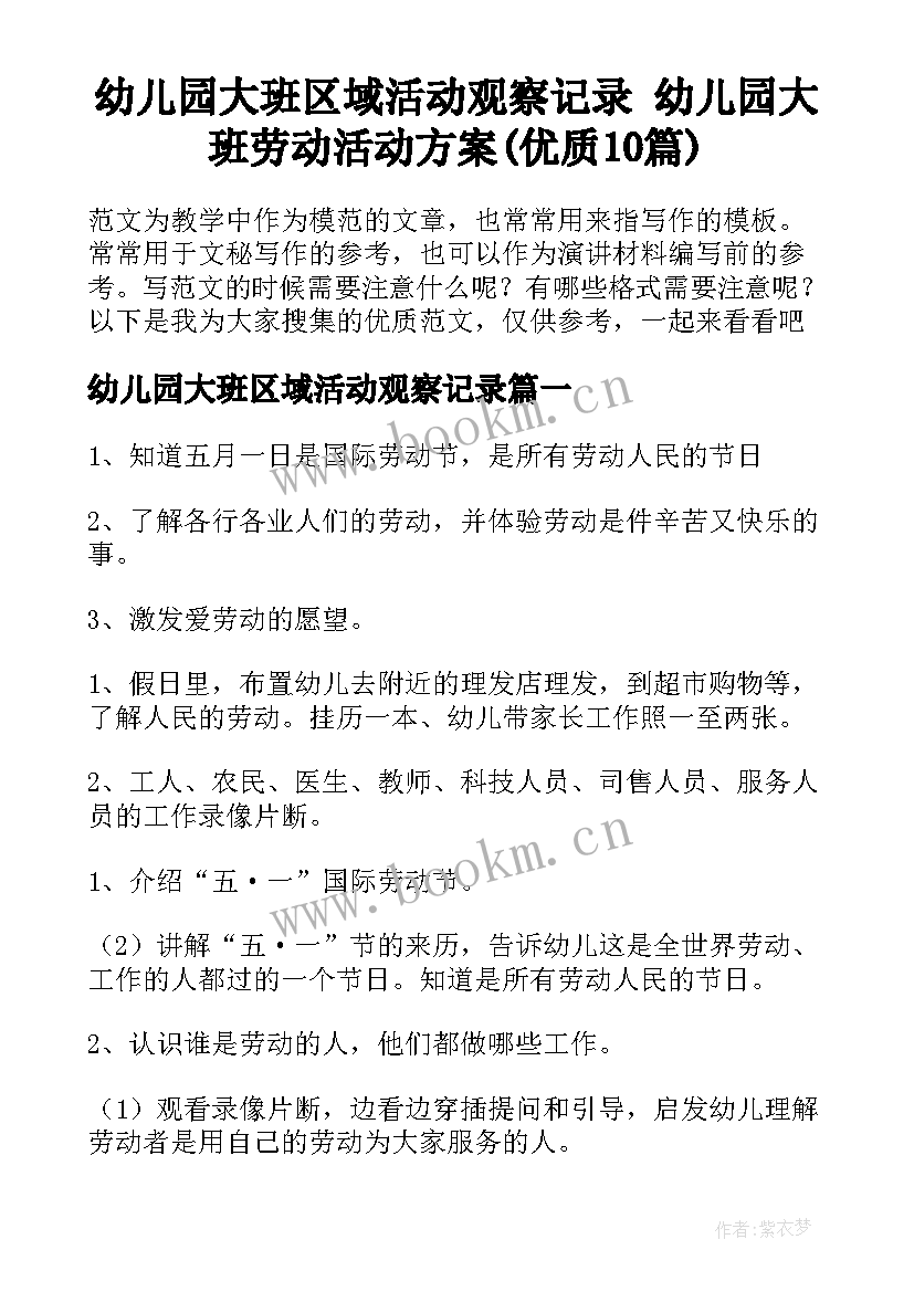 幼儿园大班区域活动观察记录 幼儿园大班劳动活动方案(优质10篇)