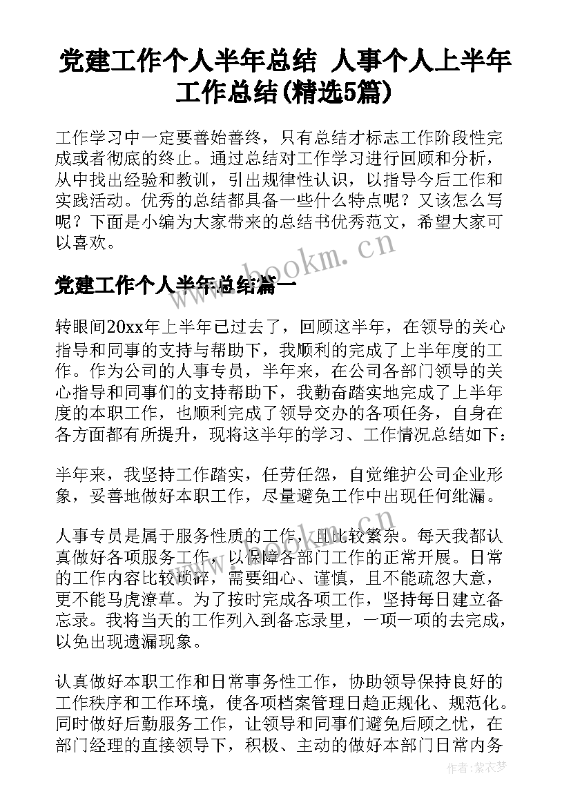 党建工作个人半年总结 人事个人上半年工作总结(精选5篇)