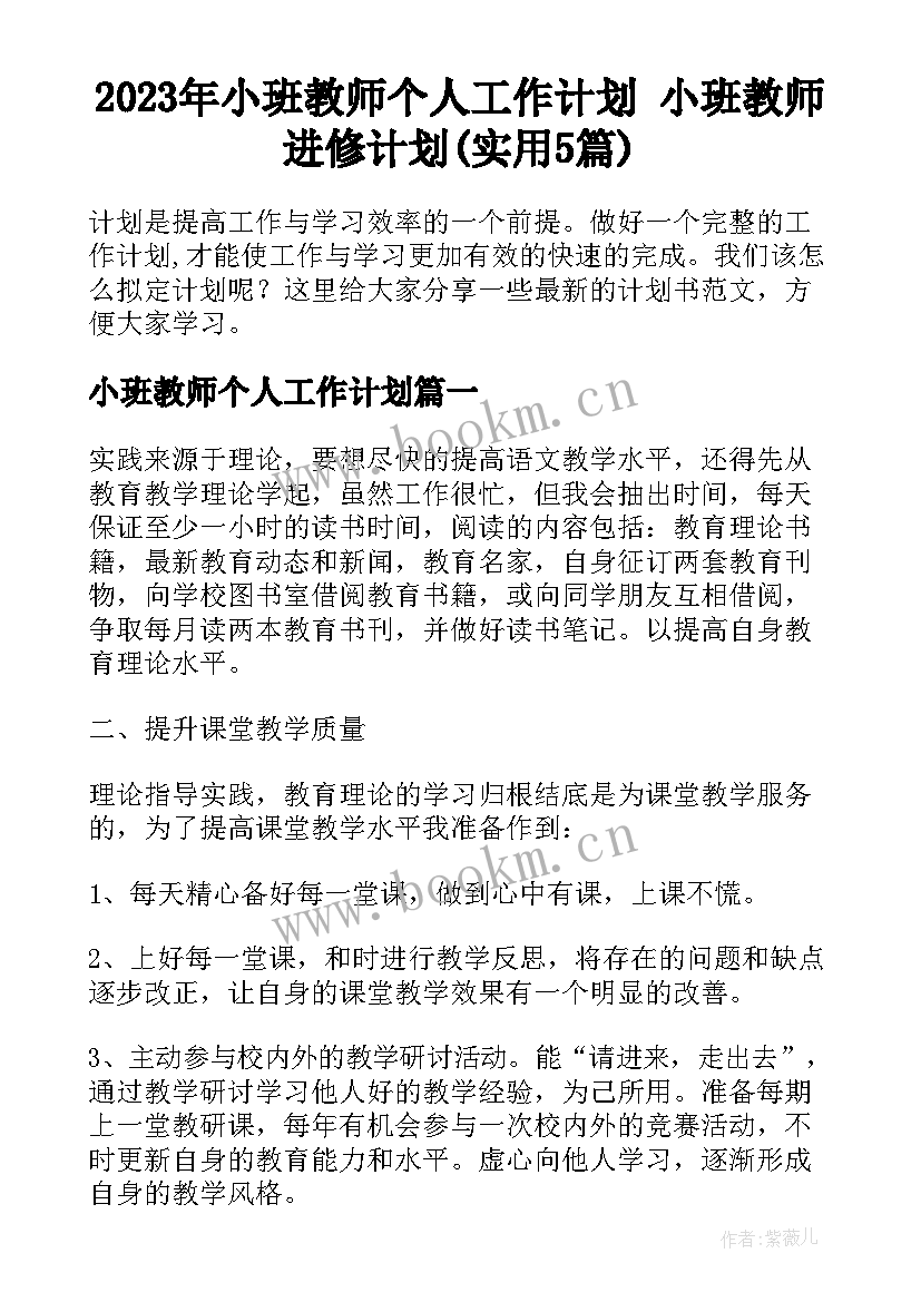 2023年小班教师个人工作计划 小班教师进修计划(实用5篇)