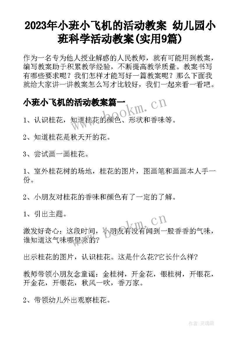 2023年小班小飞机的活动教案 幼儿园小班科学活动教案(实用9篇)