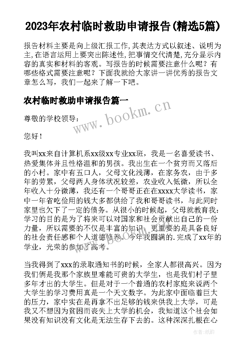 2023年农村临时救助申请报告(精选5篇)