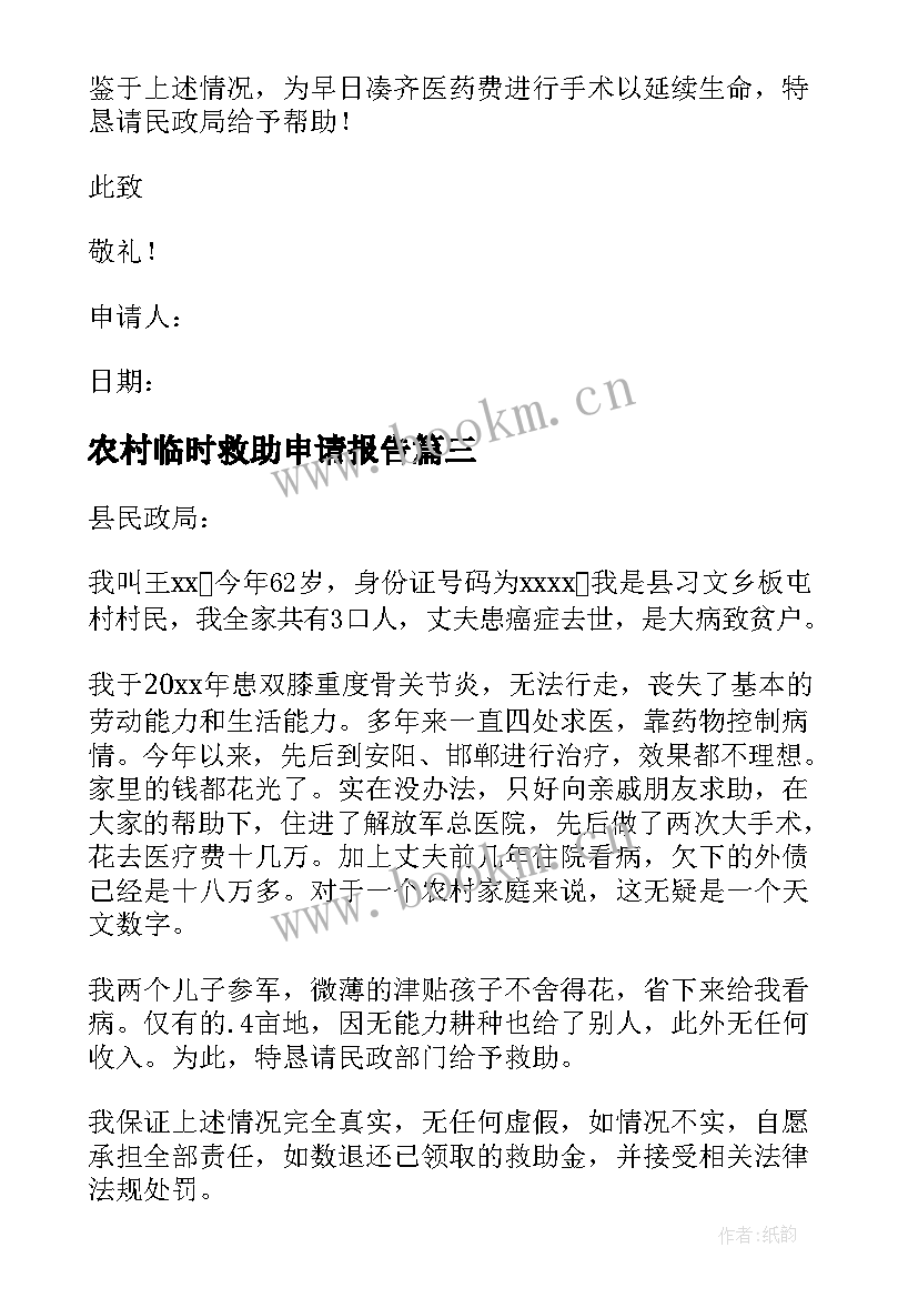 2023年农村临时救助申请报告(精选5篇)