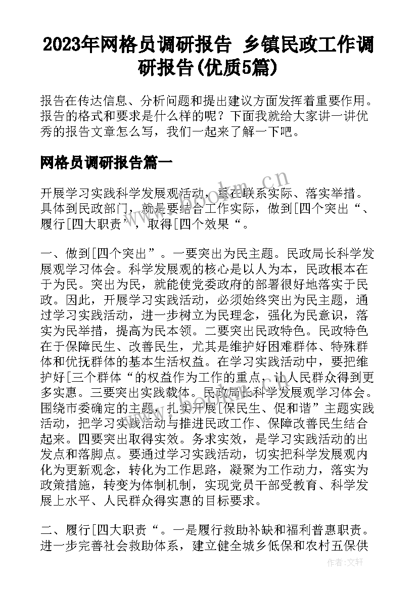 2023年网格员调研报告 乡镇民政工作调研报告(优质5篇)