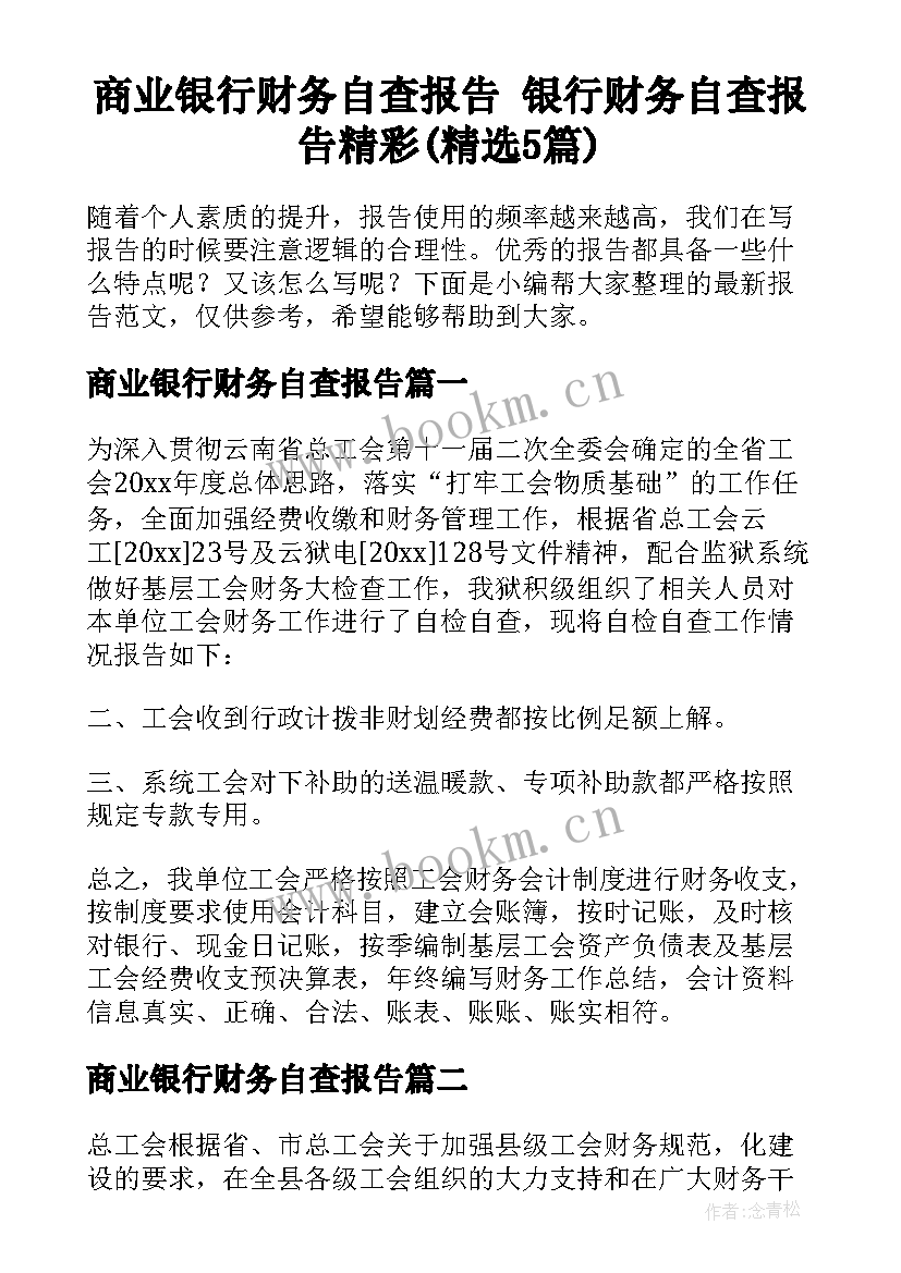 商业银行财务自查报告 银行财务自查报告精彩(精选5篇)