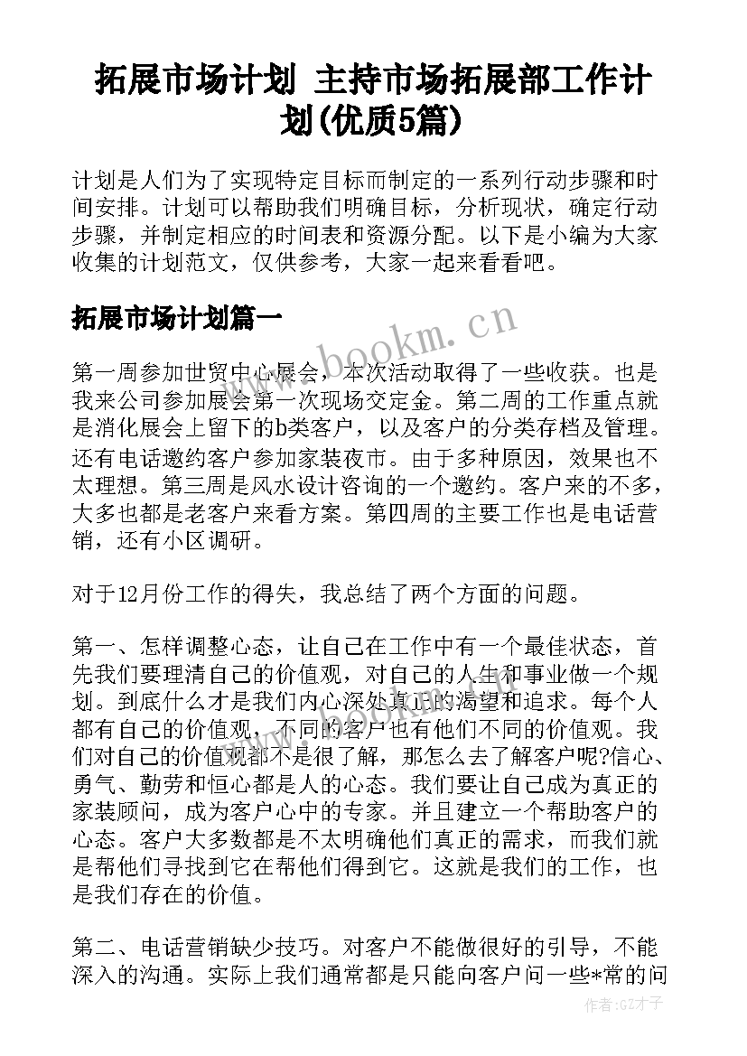 拓展市场计划 主持市场拓展部工作计划(优质5篇)