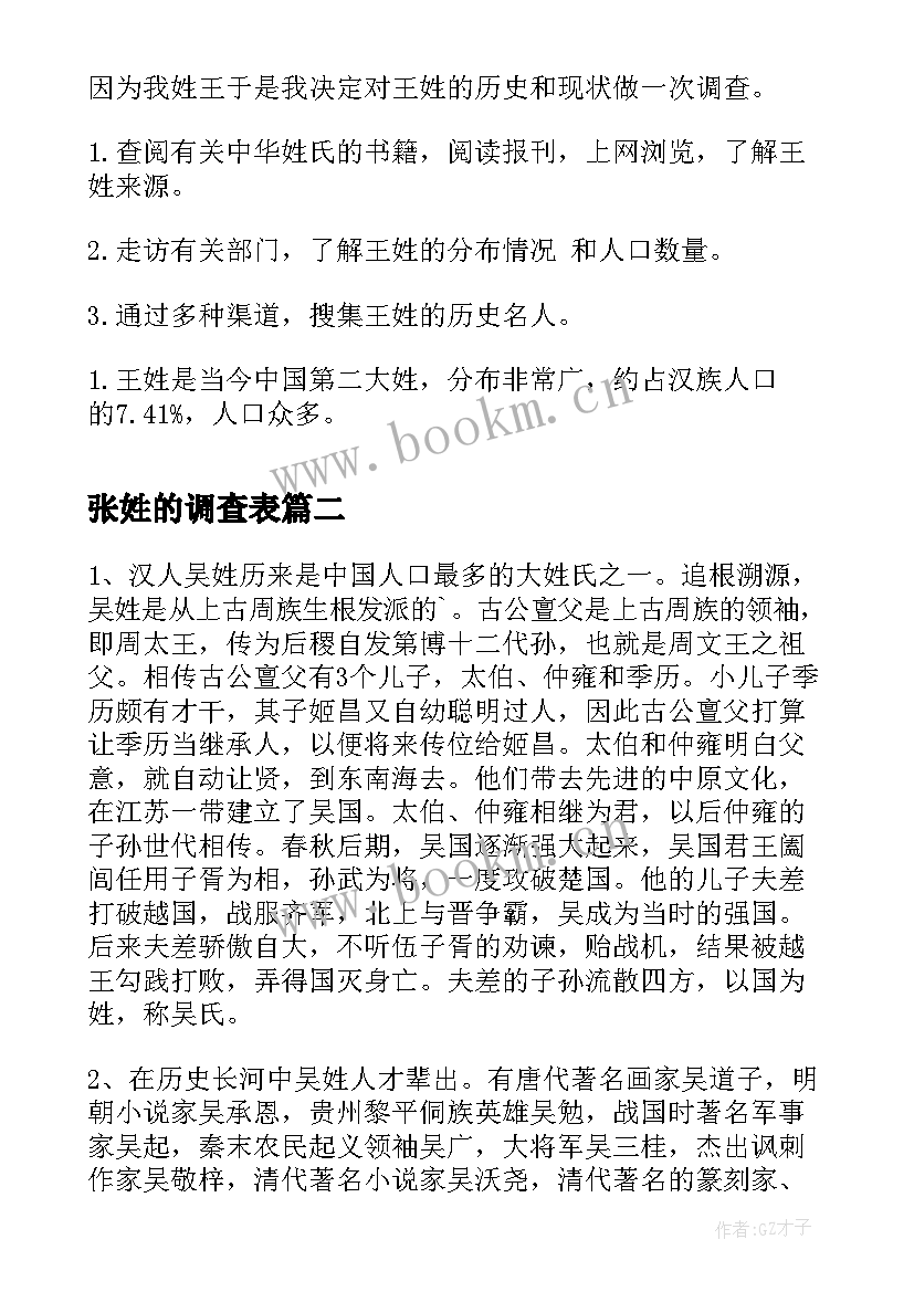 最新张姓的调查表 姓氏调查报告(优秀5篇)