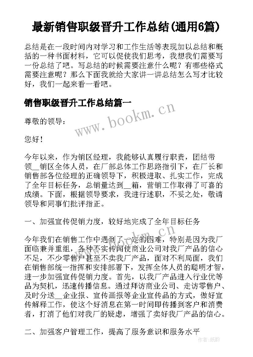 最新销售职级晋升工作总结(通用6篇)