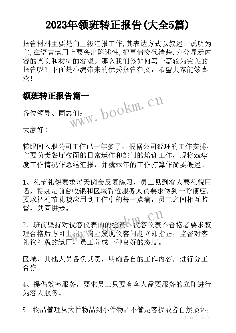 2023年领班转正报告(大全5篇)