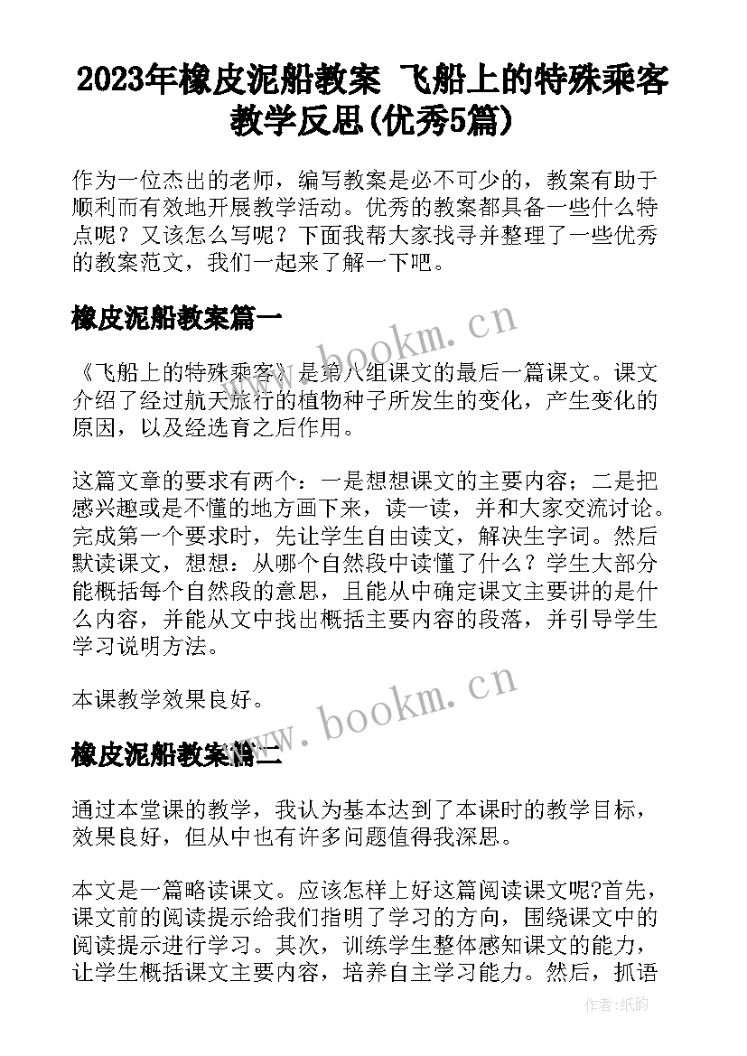 2023年橡皮泥船教案 飞船上的特殊乘客教学反思(优秀5篇)