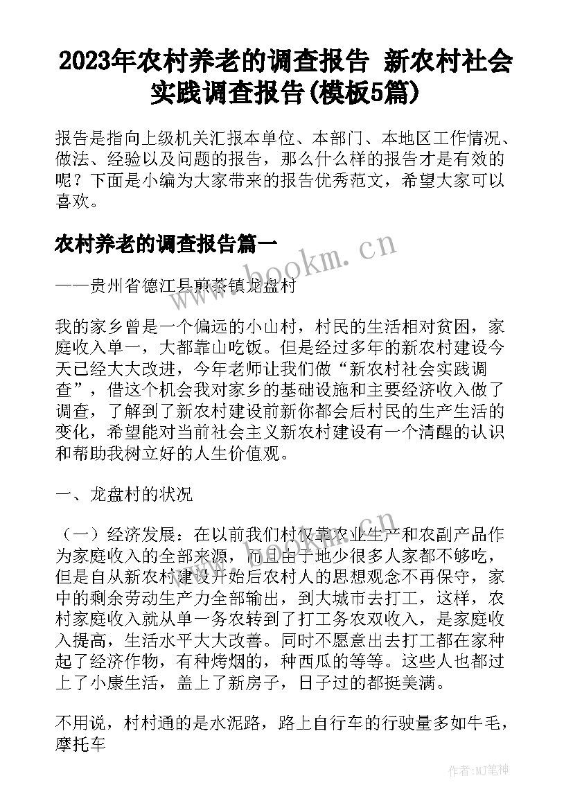 2023年农村养老的调查报告 新农村社会实践调查报告(模板5篇)