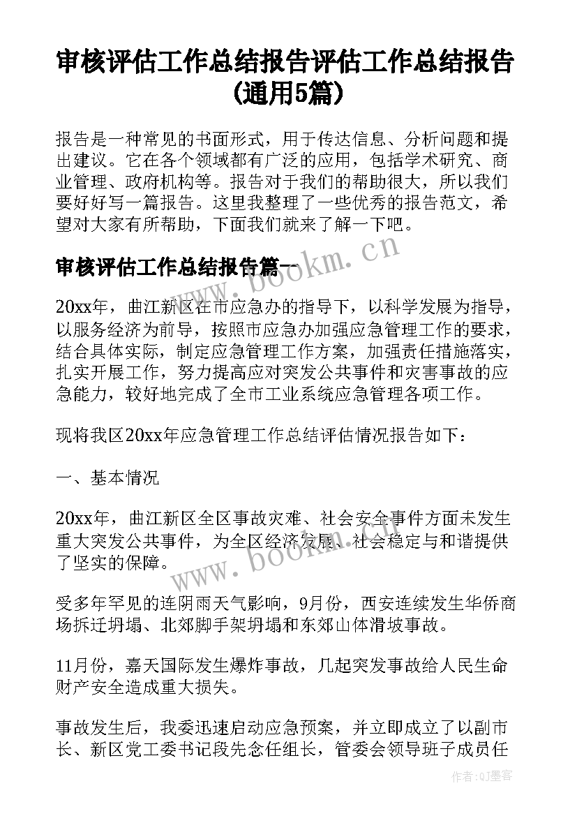 审核评估工作总结报告 评估工作总结报告(通用5篇)