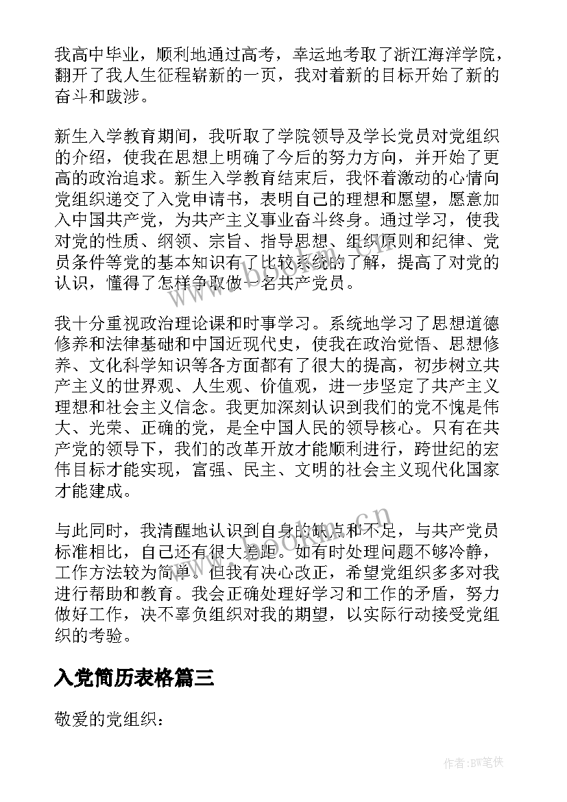 入党简历表格 入党个人简历表(模板6篇)