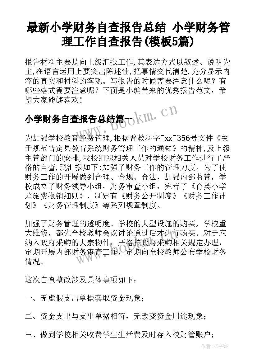 最新小学财务自查报告总结 小学财务管理工作自查报告(模板5篇)