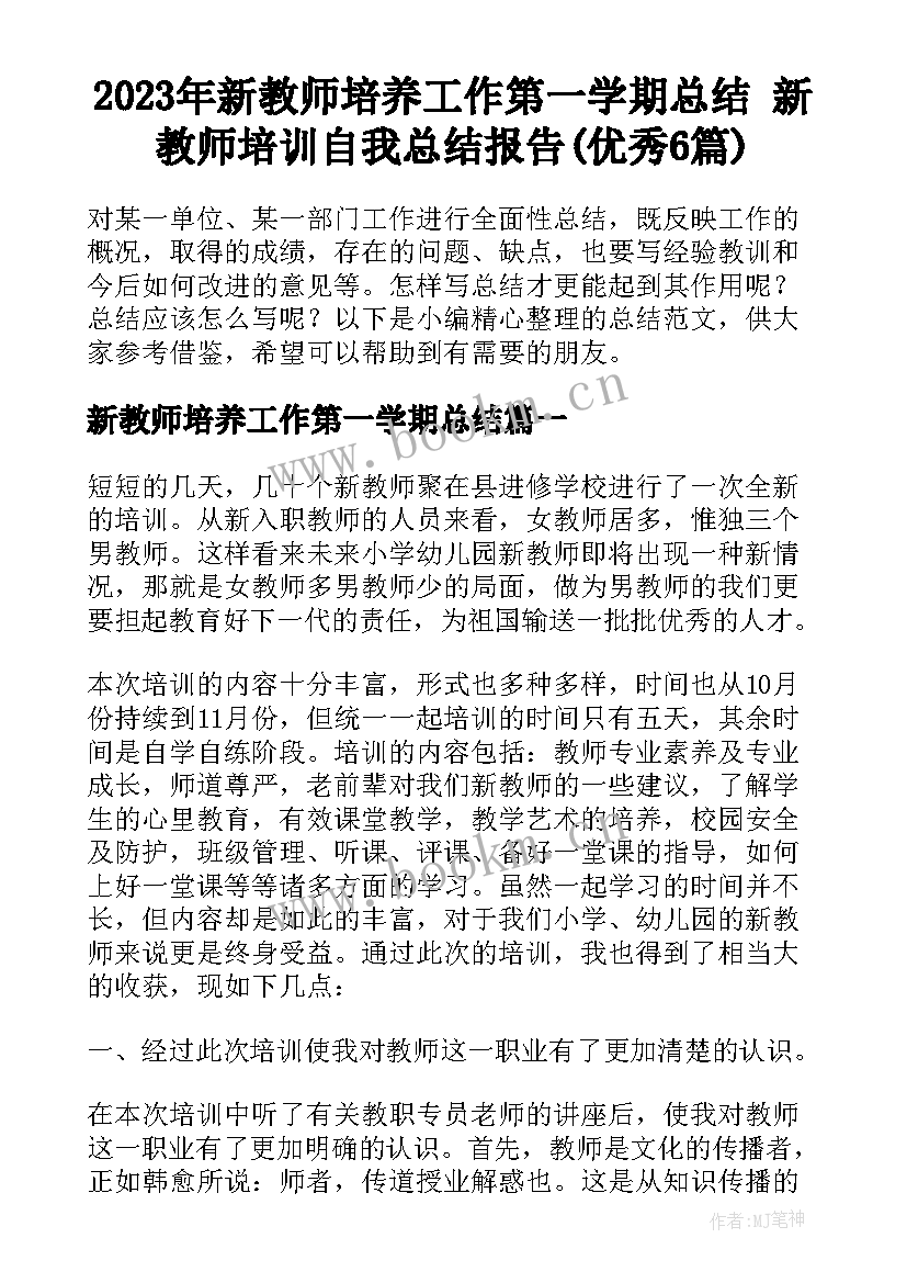 2023年新教师培养工作第一学期总结 新教师培训自我总结报告(优秀6篇)