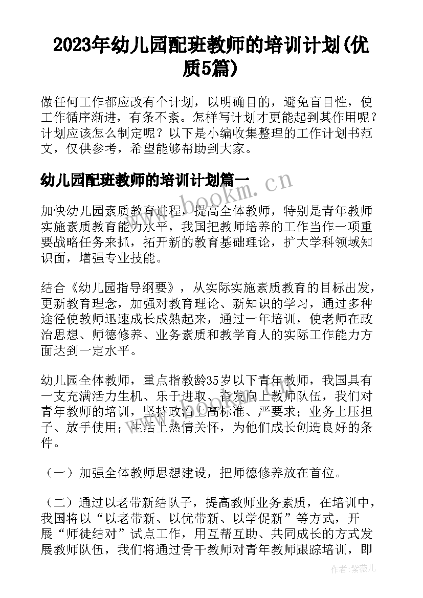 2023年幼儿园配班教师的培训计划(优质5篇)