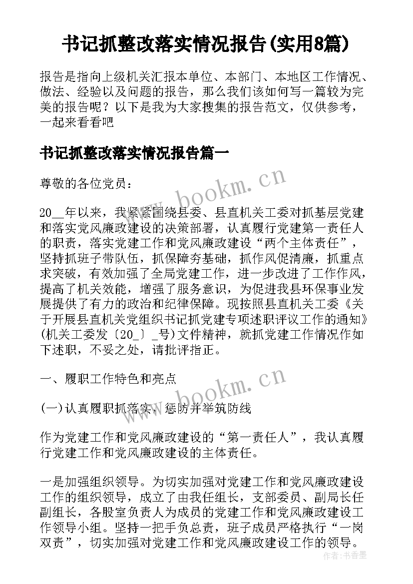 书记抓整改落实情况报告(实用8篇)