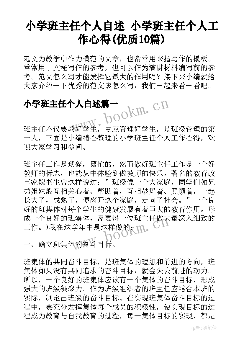 小学班主任个人自述 小学班主任个人工作心得(优质10篇)