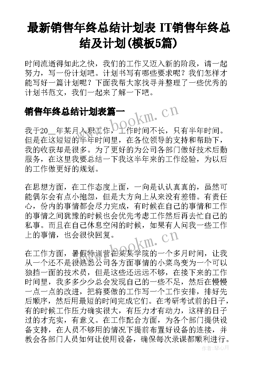 最新销售年终总结计划表 IT销售年终总结及计划(模板5篇)