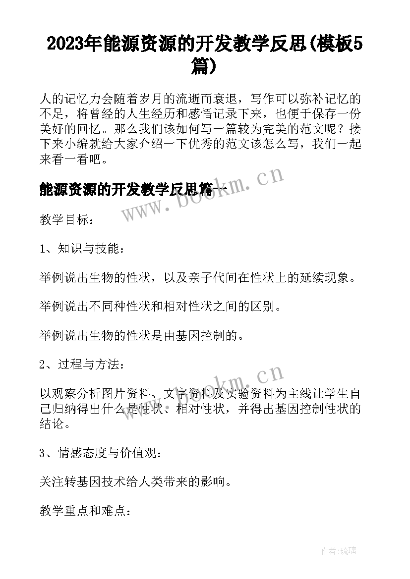 2023年能源资源的开发教学反思(模板5篇)