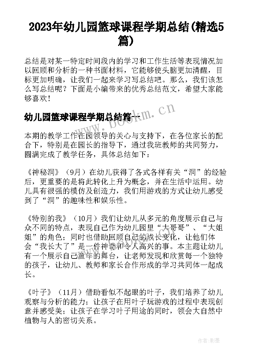 2023年幼儿园篮球课程学期总结(精选5篇)