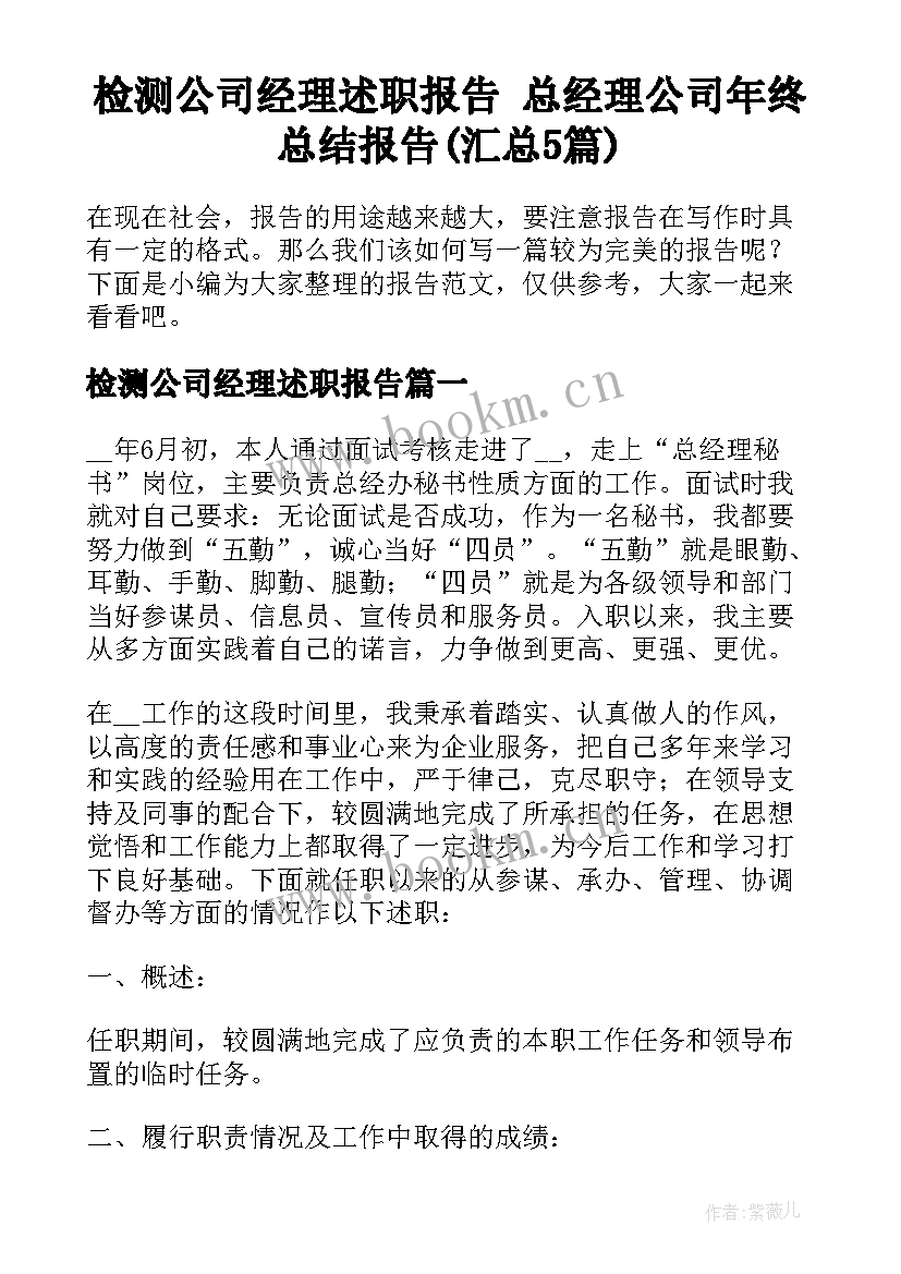 检测公司经理述职报告 总经理公司年终总结报告(汇总5篇)