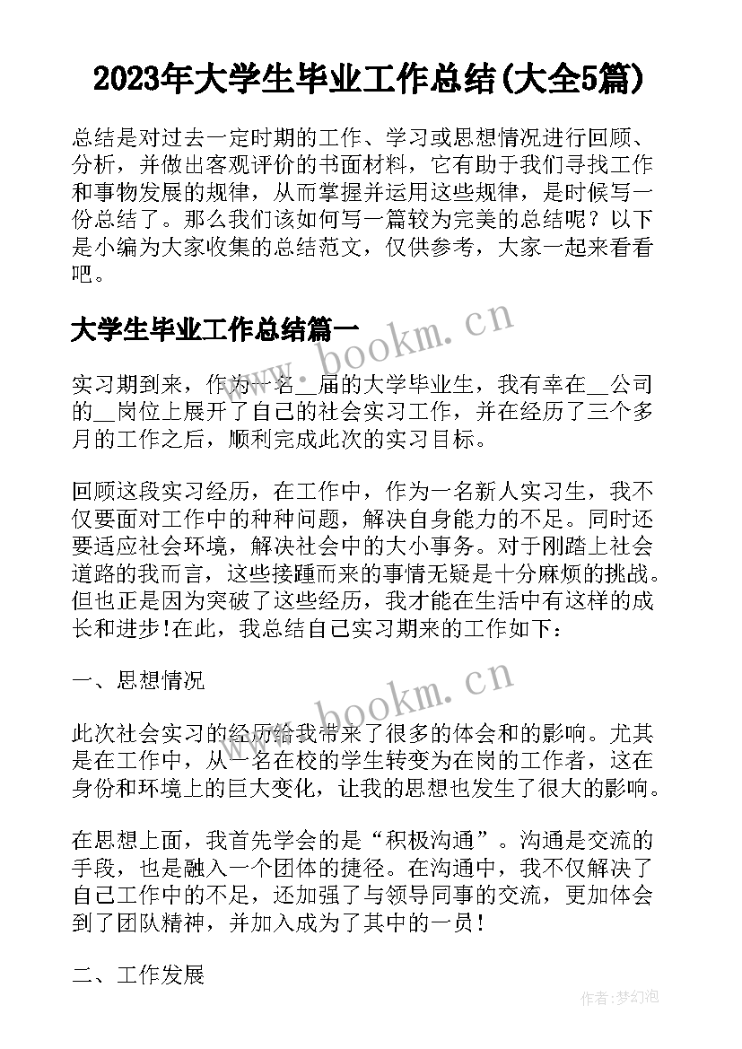 2023年大学生毕业工作总结(大全5篇)